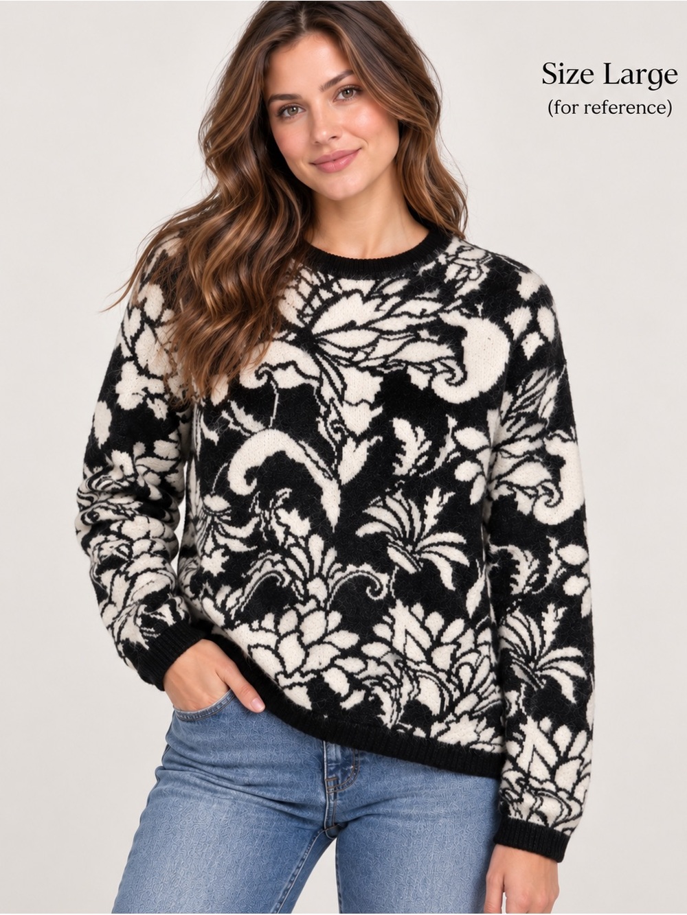 Liz Claiborne Black & Cream Floral Crewneck Sweater NWT Size Large